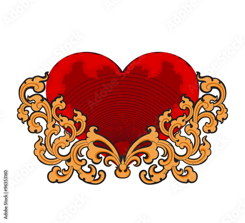 Red heart with gold floral art pattern on a white background