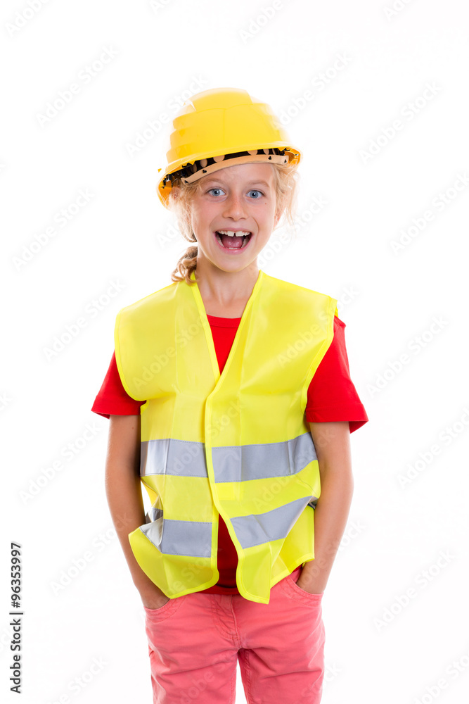 blond girl with reflective vest and helmet blond girl with reflective vest and helmet