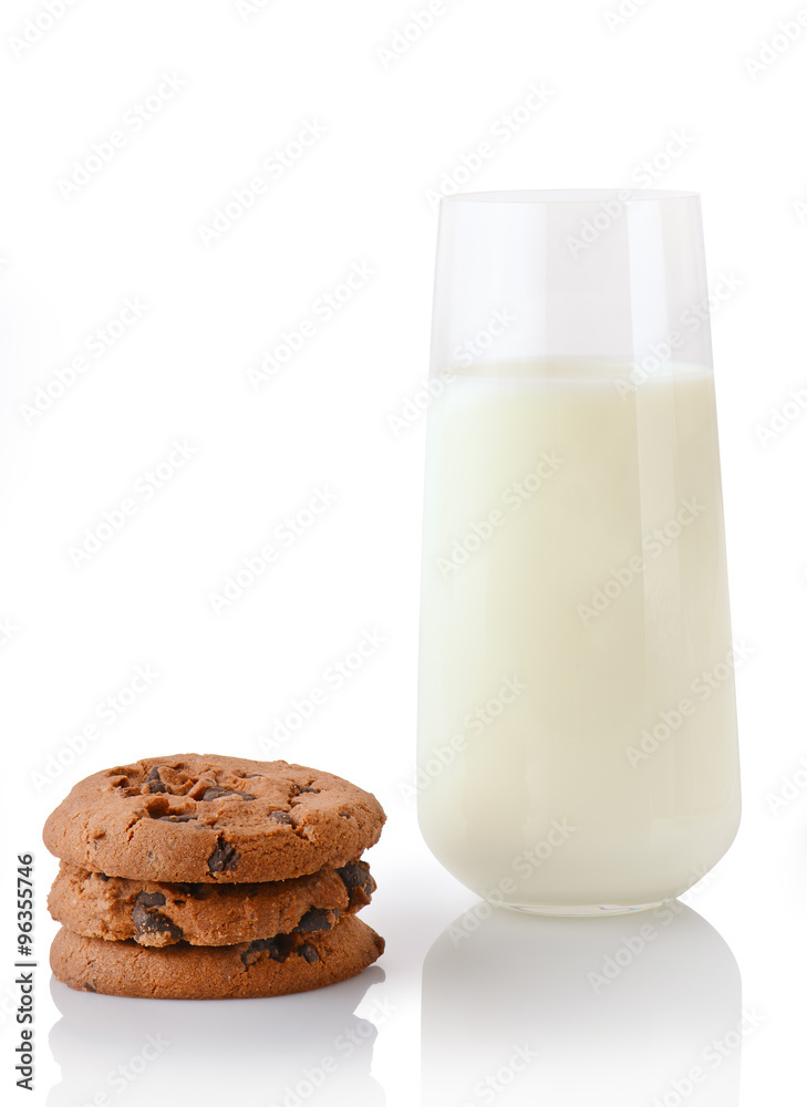 Stack of three homemade chocolate chip cookies and glass of milk, isolated on white background Stack of three homemade chocolate chip cookies and glass of milk, isolated on white background