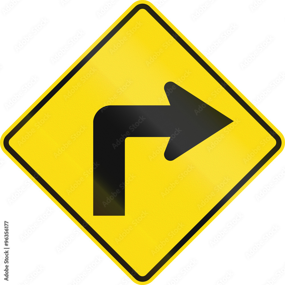 New Zealand road sign PW-16 - Sharp curve 90 degrees to right New Zealand road sign PW-16 - Sharp curve 90 degrees to right