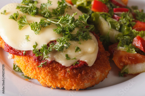 Canvas Print Chicken Parmigiana and vegetable salad macro. Horizontal