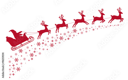 Santa sleigh reindeer flying on background of snow-covered stars.
