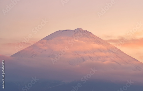 Top of Mountain Fuji with clouds in sunset