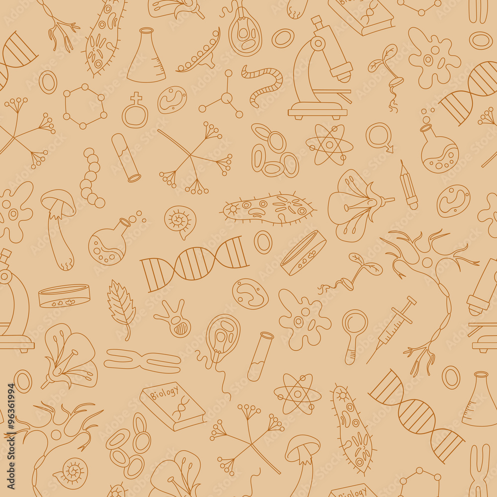 Seamless background with hand drawn icons on the theme of biology,sepia Seamless background with hand drawn icons on the theme of biology,sepia