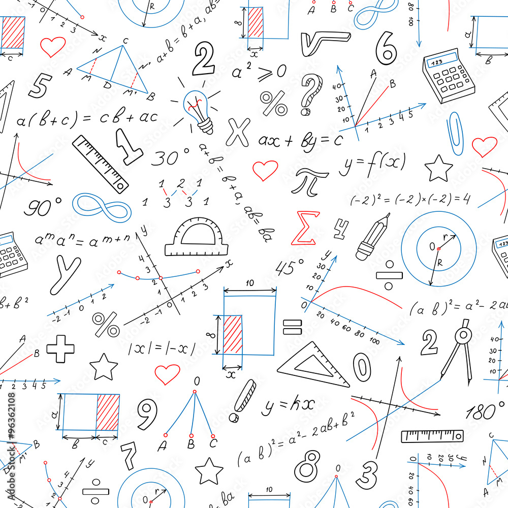 Fototapeta Bezszwowy tło z formułami i mapami na temat matematyki i edukaci, barwiony markier na białym tle