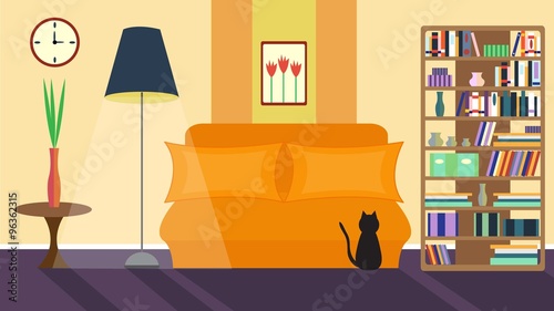 Living room. Vector home interior in flat style. Sofa and lamp, book rack and coffee table, picture and vase