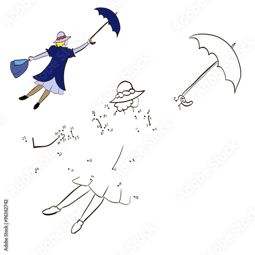 Coloring Mary Poppins flying with an umbrella