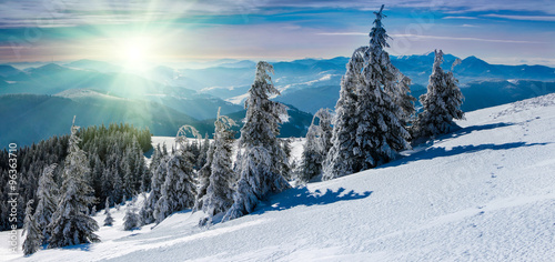 Winter panoramic landscape in mountains. Snow covered trees and mountain peaks in the distance. 