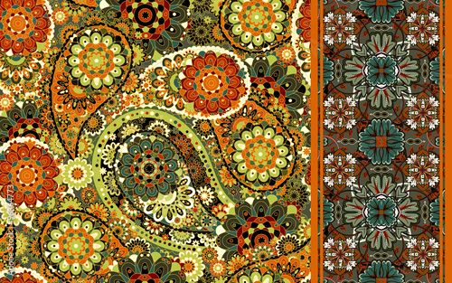 Fototapeta Naklejka Na Ścianę i Meble -  Set of seamless pattern based on traditional Asian elements Paisley and striped. Vector colorful background