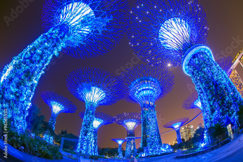 Night view of The Super Tree Grove at Gardens by the Bay in Singapore. Spanning 101 hectares, and five-minute walk from Bayfront MRT Station. photo