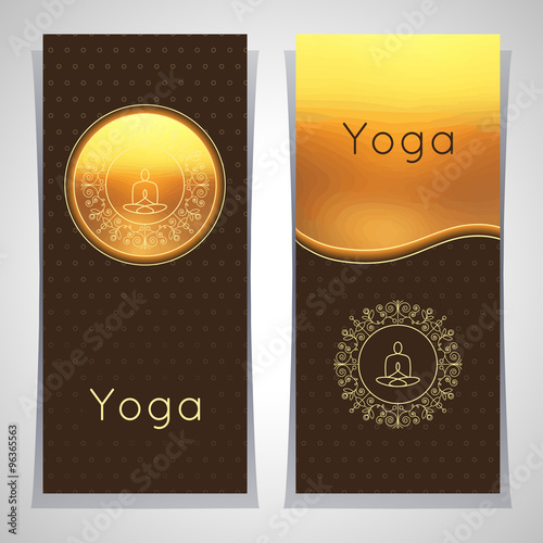 Vector yoga illustration. Yoga posters with floral ornament and yogi silhouette. Identity design for yoga studio, yoga center or class. Template for SPA, beauty salon, ayurveda clinic in luxury style.