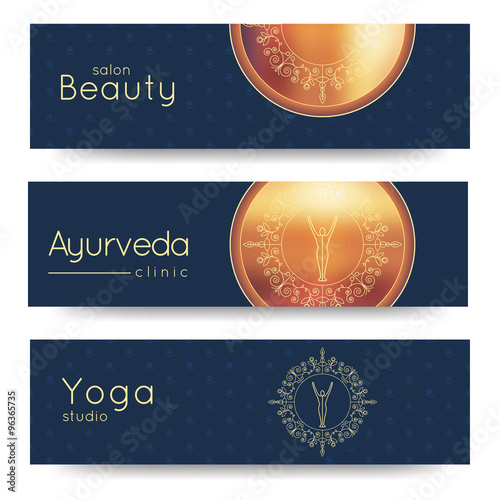 Elegant yoga vector banner. Professional banner templates for yoga studio, yoga website, yoga magazine, publishing, presentation. Identity design for SPA, beauty salon, ayurveda clinic in luxury style