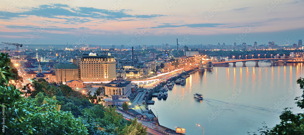 Panorama at night Kiev with the arch of Friendship of Peoples. Ukraine.