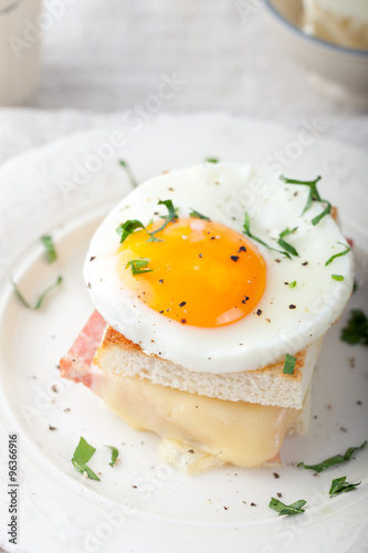 Croque madame, egg, ham, cheese sandwich. Traditional French cuisine. 