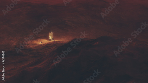 Aerial of space station and capsule on red planet.