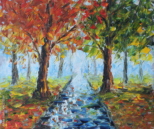 rain in autumn park, oil painting