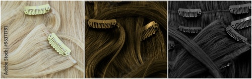 Blonde, brown and black clip-in extensions closeup - stock photo photo