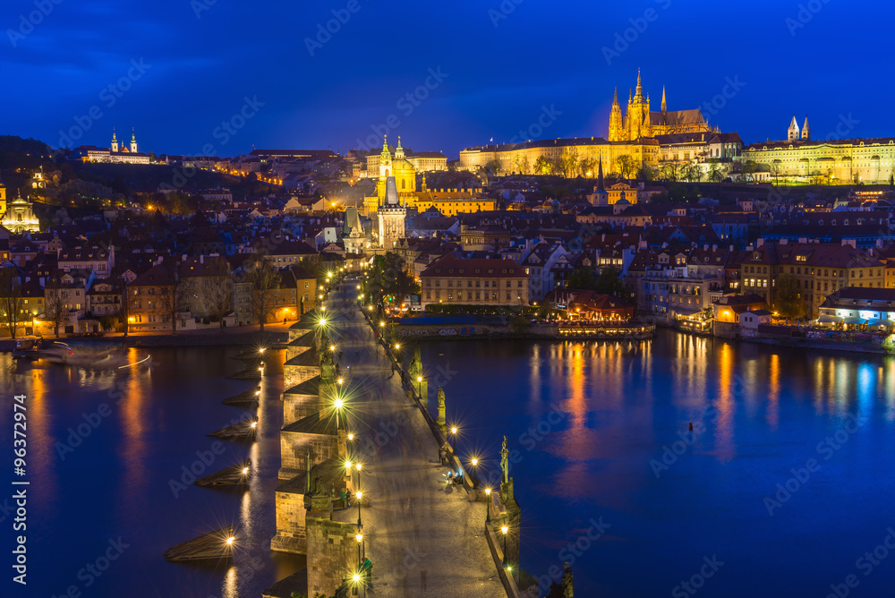 Night view of Charles Bridge, Prague Castle and Vltava river in Prague. Chech Republic