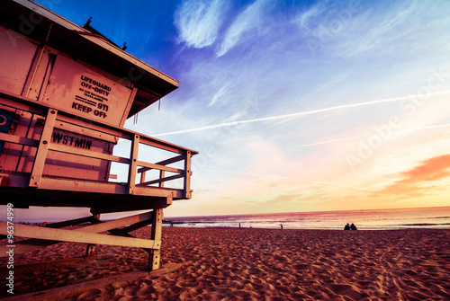 Life guard stand at Venice Beach, Los Angeles, California. Sunset scene. Vintage post processed. Fashion, travel, summer, vacation and tropical beach concept.