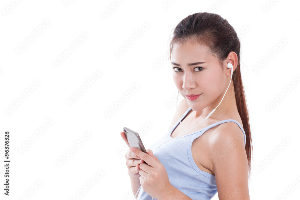 Happy woman using smartphone on white background Happy woman using smartphone on white background