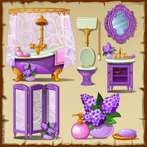 Bright card with interior objects of a bathroom in purple