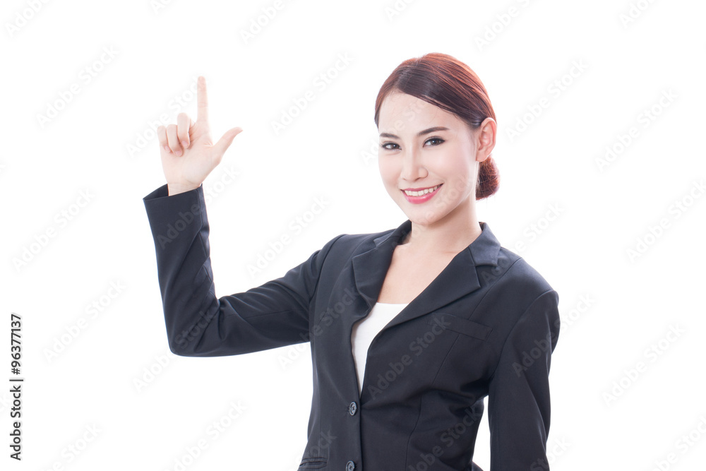 Portrait of young business woman pointing on white background Portrait of young business woman pointing on white background