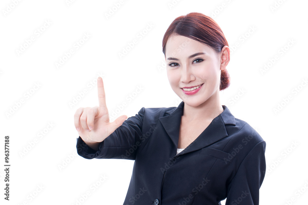 Portrait of young business woman using tablet and thinking on white background Portrait of young business woman using tablet and thinking on white background