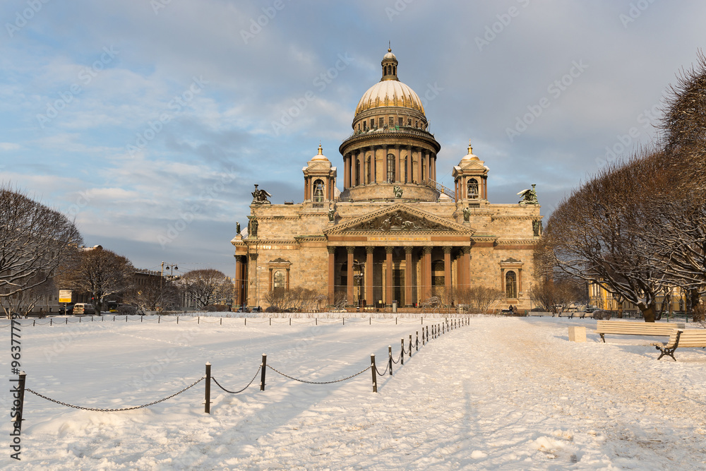 Winter Petersburg. St. Isaac's Cathedral in the morning sun.