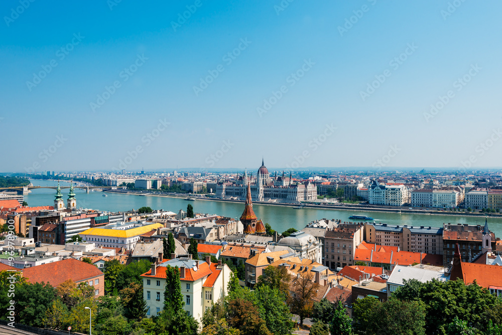  Panoramic view of Budapest  with river Danube and parliament, Hungary