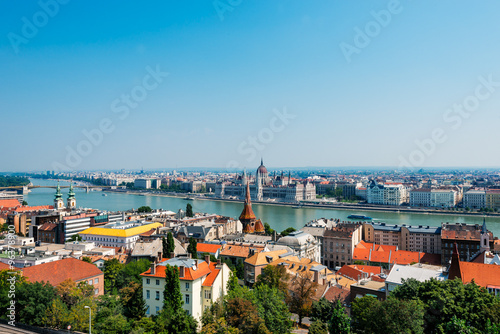  Panoramic view of Budapest with river Danube and parliament, Hungary