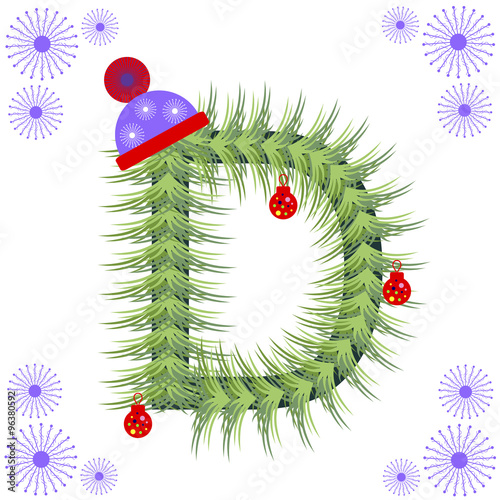 Vector illustration of fir-tree font. Winter alphabet letter. Green stylized figure with Christmas decorations, cap and snowflakes. Series of Letters, Numbers and Symbols.