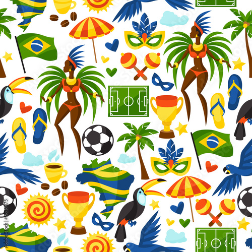 Brazil seamless pattern with stylized objects and cultural symbols