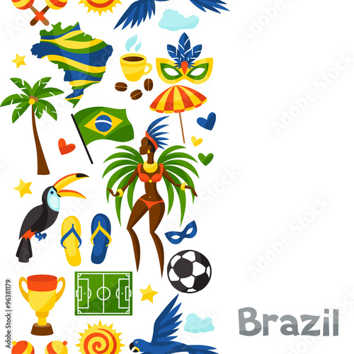 Brazil seamless pattern with stylized objects and cultural symbols