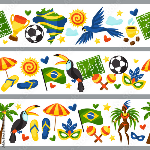 Brazil seamless borders with stylized objects and cultural symbols