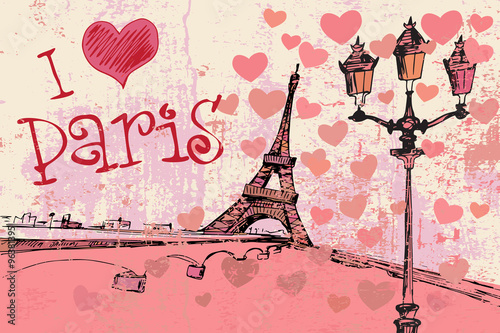 Paris grunge background with Eiffel tower