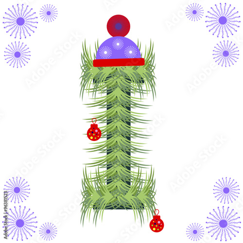 Vector illustration of fir-tree font. Winter alphabet letter. Green stylized figure with Christmas decorations, cap and snowflakes. Series of Letters, Numbers and Symbols.