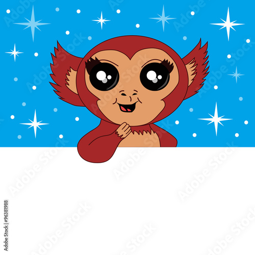 Vector banner with monkey holding a place for text. Greeting Card Happy New Year 2016 with monkey.