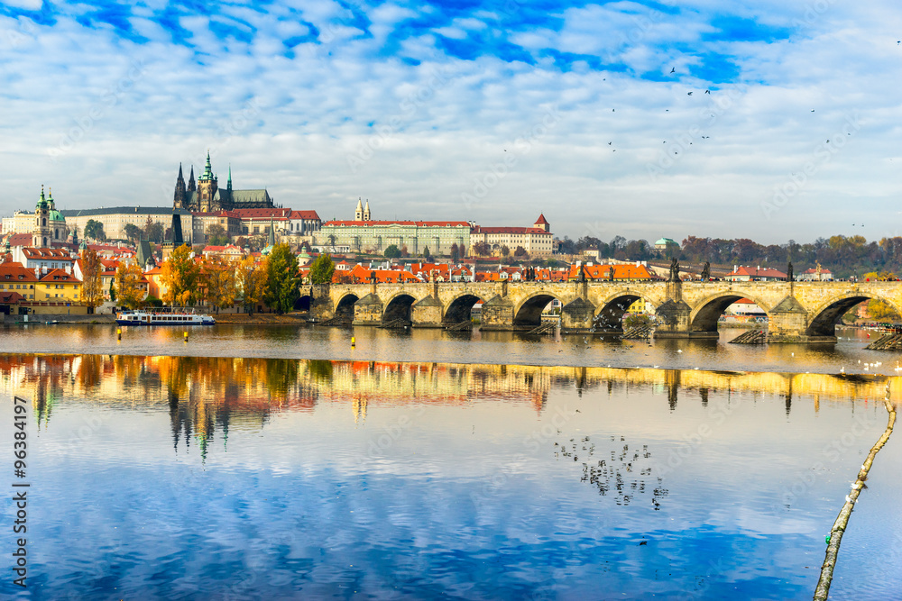 Prague, Charles Bridge, the Castle and St. Vitus Cathedral.
