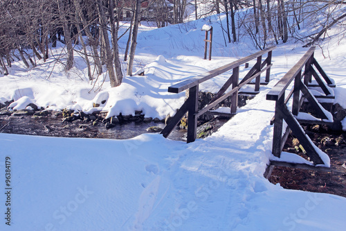 Winter landscape with forest and river photo
