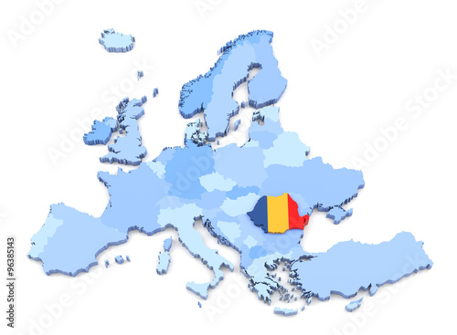 Europe Map, Romania with Flag