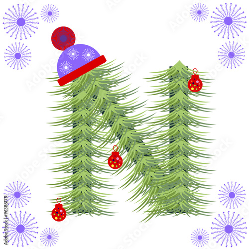 Vector illustration of fir-tree font. Winter alphabet letter. Green stylized figure with Christmas decorations, cap and snowflakes. Series of Letters, Numbers and Symbols.