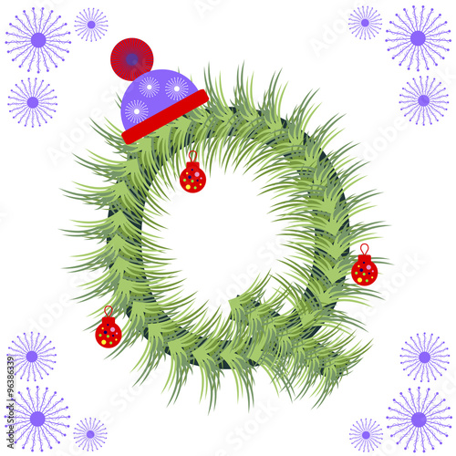 Vector illustration of fir-tree font. Winter alphabet letter. Green stylized figure with Christmas decorations, cap and snowflakes. Series of Letters, Numbers and Symbols.