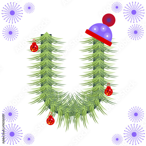 Vector illustration of fir-tree font. Winter alphabet letter. Green stylized figure with Christmas decorations, cap and snowflakes. Series of Letters, Numbers and Symbols.