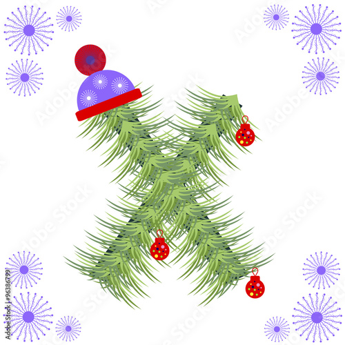 Vector illustration of fir-tree font. Winter alphabet letter. Green stylized figure with Christmas decorations, cap and snowflakes. Series of Letters, Numbers and Symbols.
