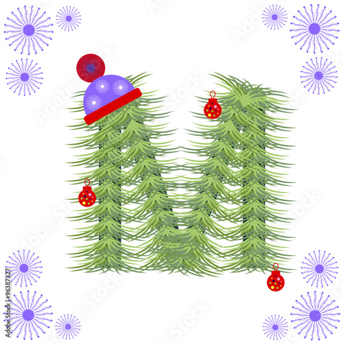 Vector illustration of fir-tree font. Winter alphabet letter. Green stylized figure with Christmas decorations, cap and snowflakes. Series of Letters, Numbers and Symbols.