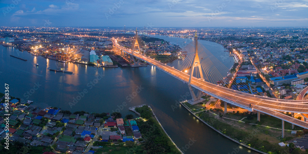 panorama aerial view Bhumibhol suspension bridge Bangkok city river