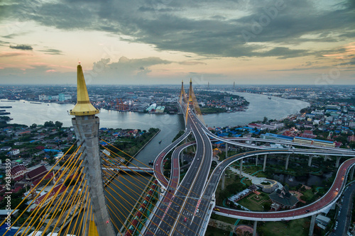 evening aerial view Bhumibhol suspension bridge Bangkok city river photo