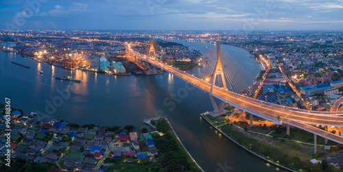 panorama aerial view Bhumibhol suspension bridge Bangkok city river