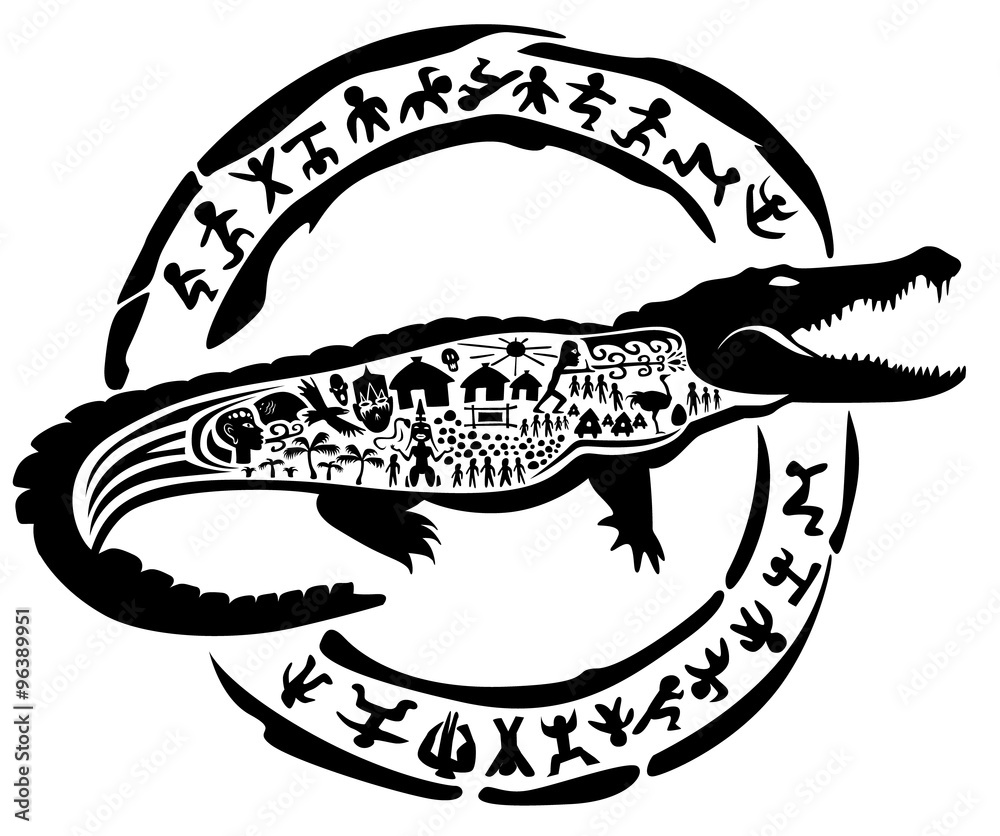 Naklejka premium Vector tribal crocodile, alligator, caiman, illustration, tattoo stamp