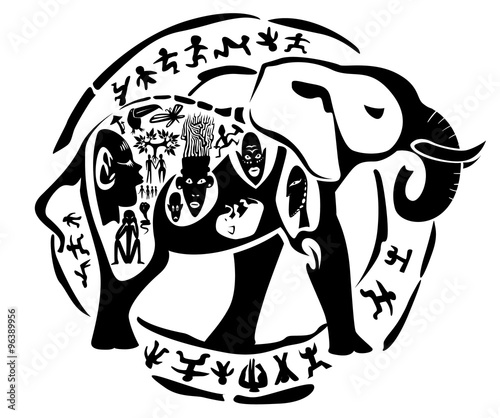 Vector tribal elephant, mammoth illustration, tattoo stamp